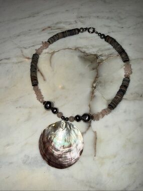 Vintage Iridescent Shell Pendant Necklace in Natural Tones